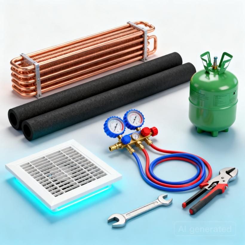 Ilustrasi 3D Accessories — Material pendukung instalasi dan perawatan sistem HVACR.