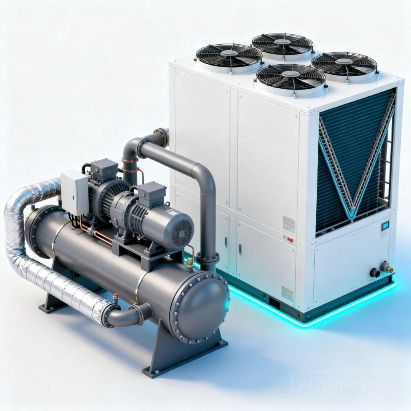Ilustrasi 3D Industrial Cooling — Sistem pendingin terpusat berkapasitas besar untuk gedung dan fasilitas industri.