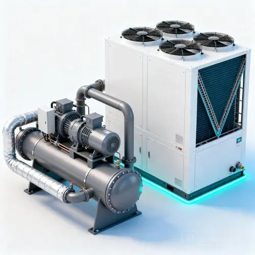 Ilustrasi 3D Industrial Cooling — Sistem pendingin terpusat berkapasitas besar untuk gedung dan fasilitas industri.