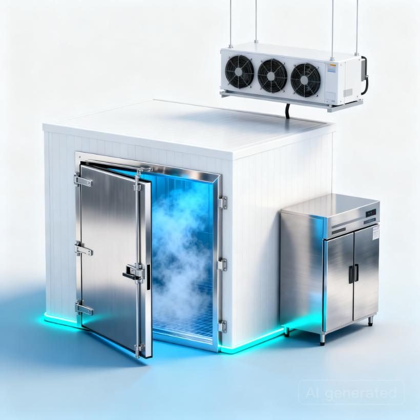 Ilustrasi 3D Refrigeration — Sistem refrigerasi untuk penyimpanan dan pendinginan cepat.