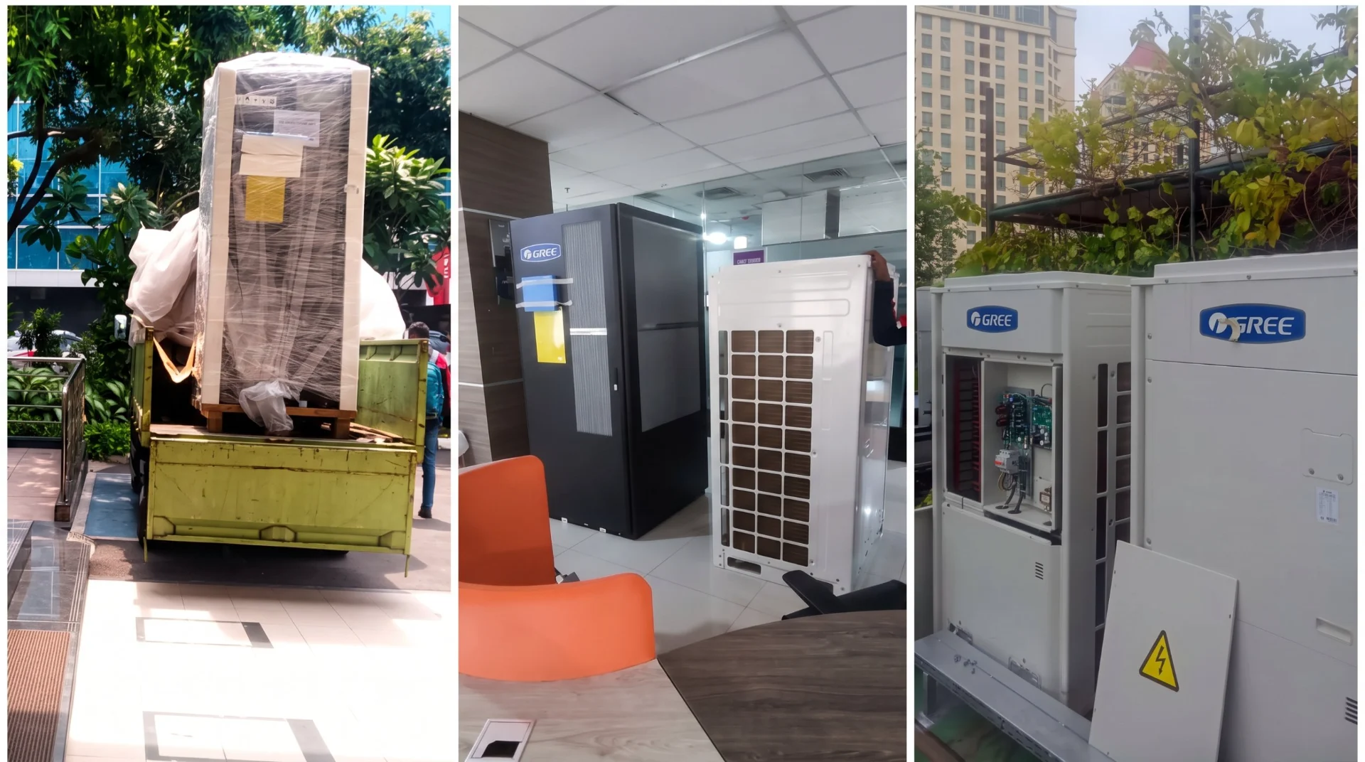 Pengiriman, pemasangan indoor, dan unit outdoor precision air conditioning Gree pada proyek pusat data