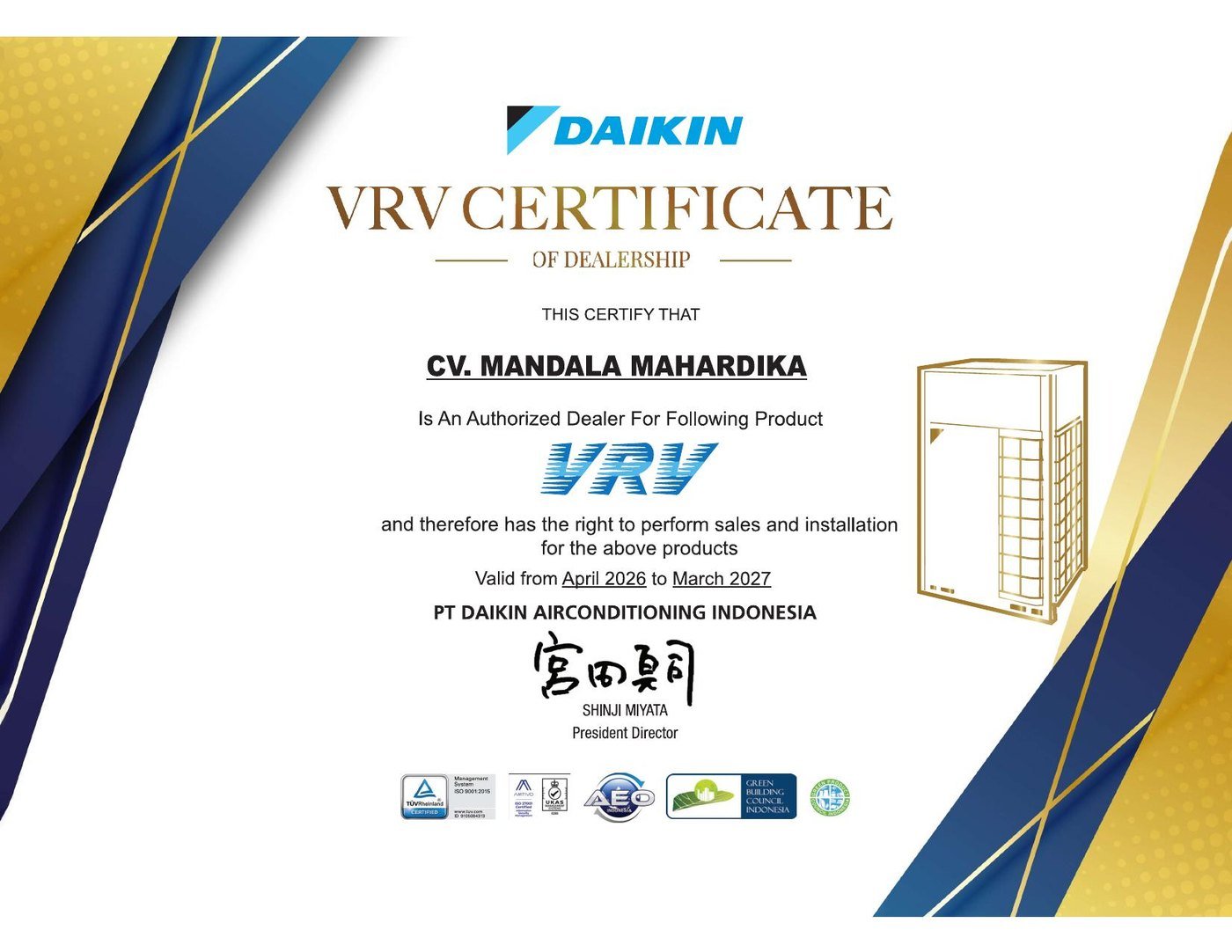 Sertifikat dealership VRV Daikin CV Mandala Mahardika dari PT Daikin Airconditioning Indonesia