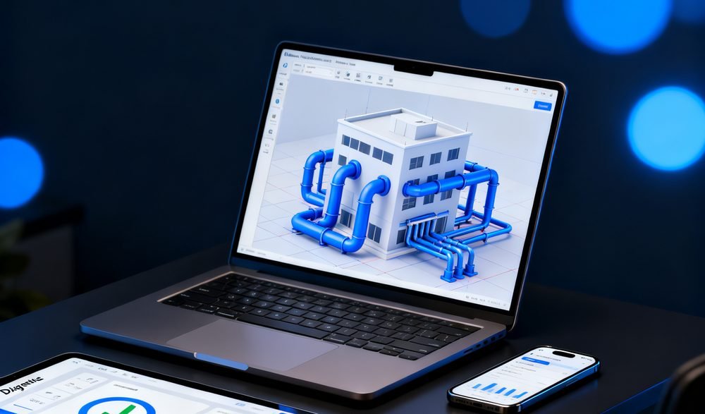 Ilustrasi software design dan alat diagnosa performa unit AC di laptop dan tablet