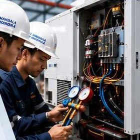 Teknisi memeriksa tekanan refrigeran pada unit AC