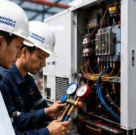 Teknisi memeriksa performa sistem AC gedung