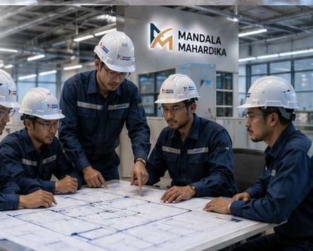 Tim engineering memeriksa gambar kerja proyek HVAC
