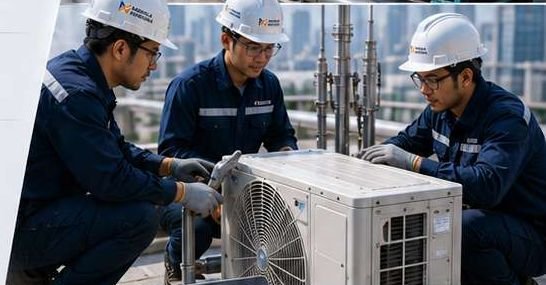 Tim teknisi mengerjakan instalasi unit outdoor