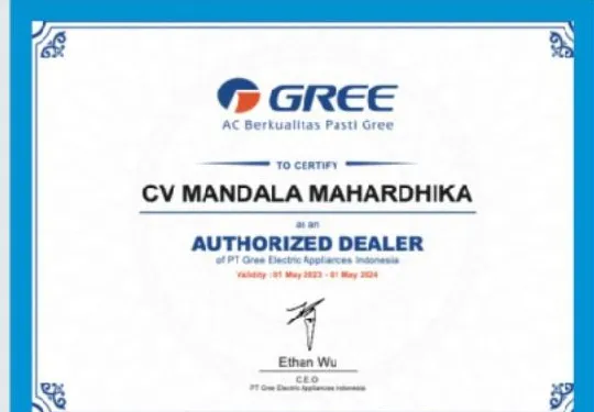 Sertifikat Authorized Dealer Gree untuk CV Mandala Mahardika — menaungi lini Flife