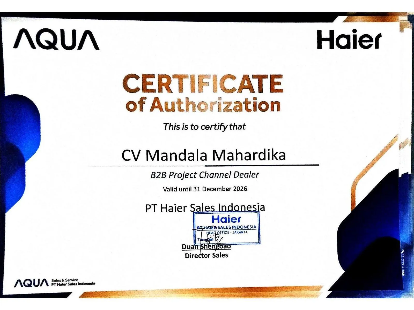 Certificate of Authorization Aqua & Haier untuk CV Mandala Mahardika, B2B Project Channel Dealer